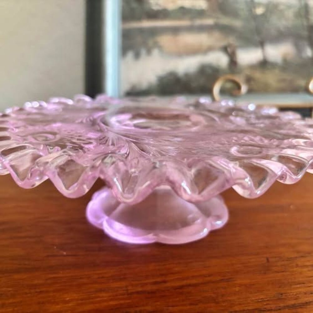Small Fenton Pink Glass Pedestal Plate Stand Candle, Cake, Jewelry, etc